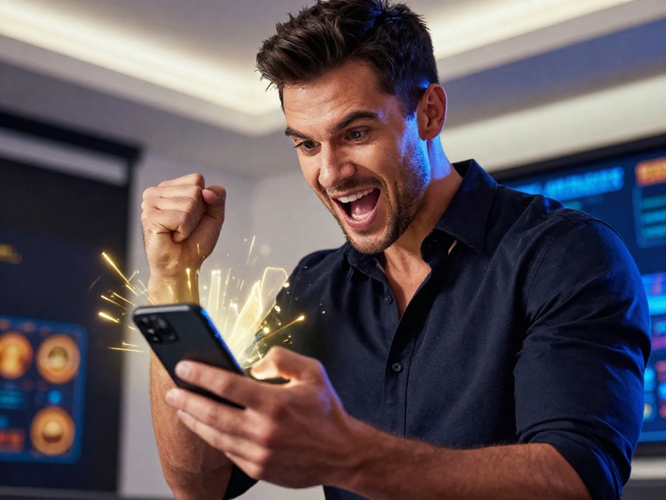 Мужчина celebrates winning bet on smartphone demonstrating freebet mechanics in premium betting app interface