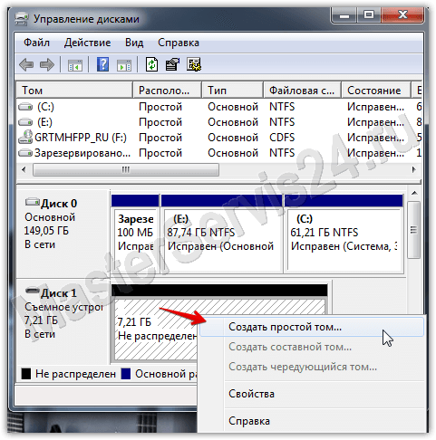 Avanevas aknas Disk Management leidke oma teisaldatav draiv, paremklõpsake veergu helitugevusega ja valige Format või, nagu minu puhul, kui vormindamine pole saadaval, Create a simple volume