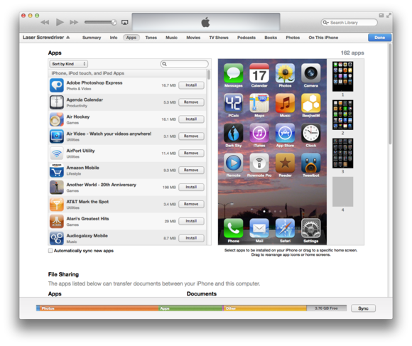 На этой странице iTunes позволяет вам выбирать приложения, которые вы хотите синхронизировать, а также переставлять домашние экраны